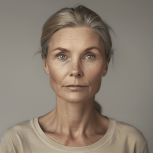 En medelålders kvinna med grått hår och ett allvarligt uttryck. Hon har på sig en enkel, beige tröja och står framför en neutral bakgrund.