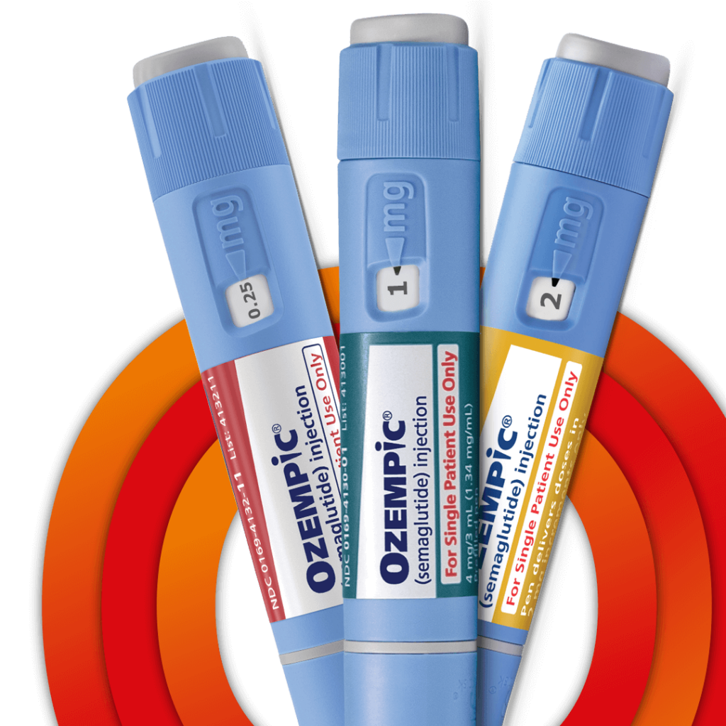 En grupp med tre engångsinjektionspennor för Ozempic, var och en innehållande olika doser av semaglutid: 0,25 mg, 1 mg och 2 mg. Pennorna är blå, vita och orange.