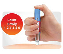En illustration som visar en hand som injicerar en blå penna i huden. Texten 'Räkna långsamt 1-2-3-4-5-6' är placerad bredvid bilden.