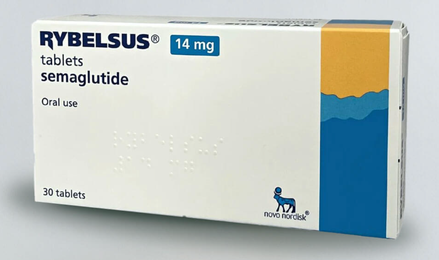 En förpackning med 30 Rybelsus-tabletter, där varje tablett innehåller 14 mg semaglutid, avsedd för oral användning.