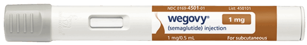 En 1 mg Wegovy-penna med semaglutid för subkutan administrering. Den är märkt med en orange och vit etikett på den vita kroppen.