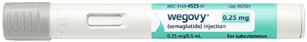 En Wegovy-injektionspenna innehållande 0,25 mg semaglutid, som används för subkutan injektion. Pennan har en vit och ljusgrön etikett.